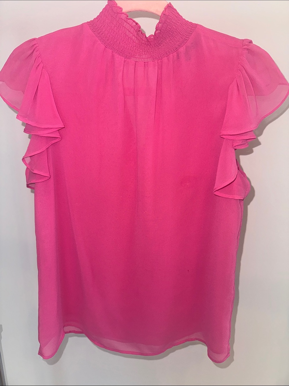 1. State Hot Pink Smocked High-Neck Ruffle Sleeve Blouse